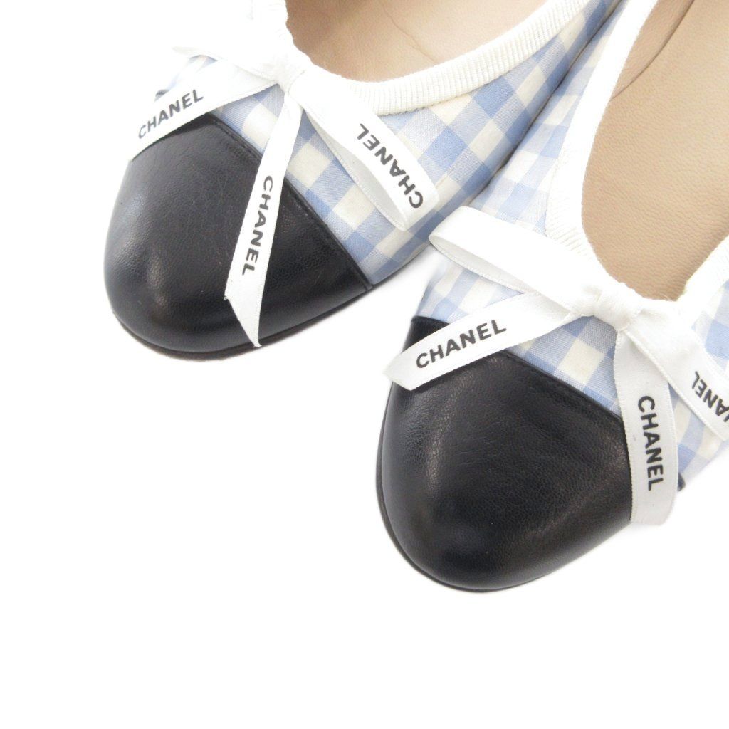 Chanel Valleyshoes Flat Gingham Check Ribbon Toe Cap Light Blue White Black — view 5