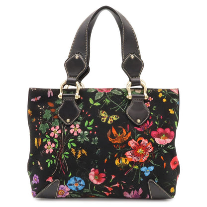 Gucci Flora Tote Bag Floral Pattern Flower Canvas Leather Black Multicolor Gold