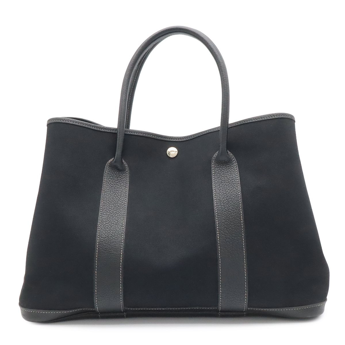 Hermes Garden Party PM Tote Shoulder Bag Toile Officier Leather Black Silver