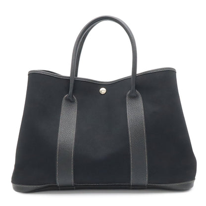 Hermes Garden Party PM Tote Shoulder Bag Toile Officier Leather Black Silver