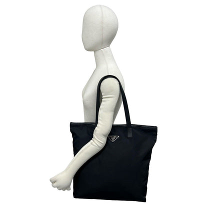 Prada Triangle Logo Tessuto Pocono Nylon Leather Tote Bag Black — view 2