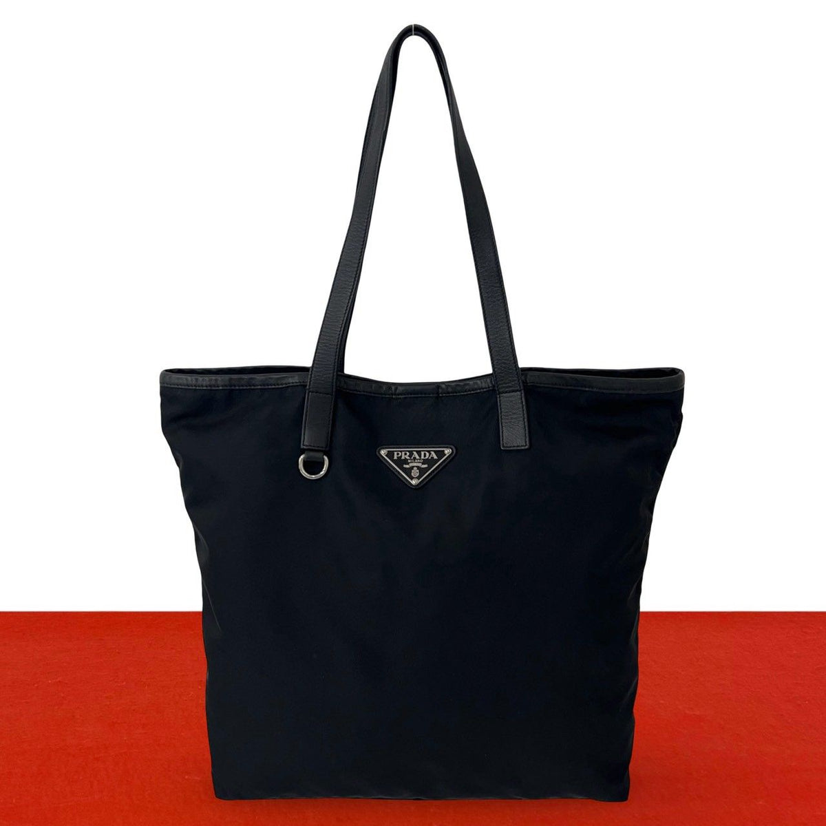 Prada Triangle Logo Tessuto Pocono Nylon Leather Tote Bag Black