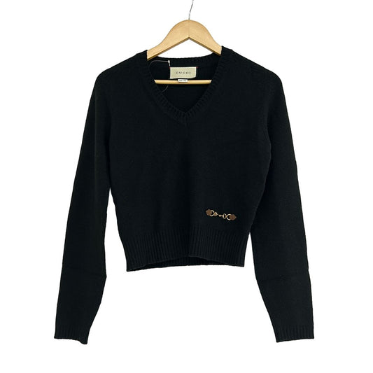 Gucci Long Sleeve Sweater Black V-neck Horsebit XS