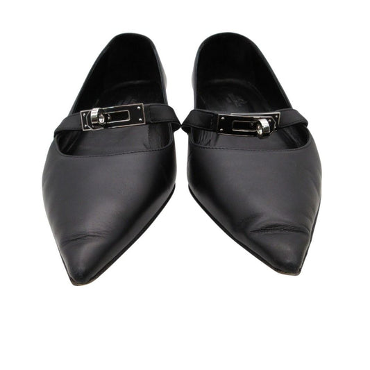 Hermes Pumps Ballet Shoes Kelly Pointed Toe Flat Metal Buckle Calf Leather