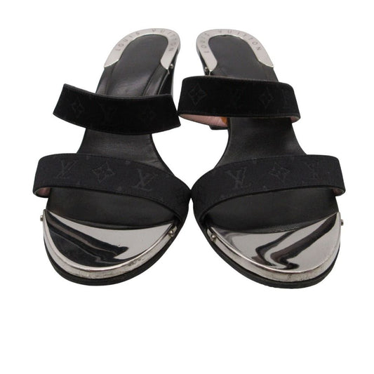 Louis Vuitton Sandals Monogram Logo Strap Heels Shoes Black