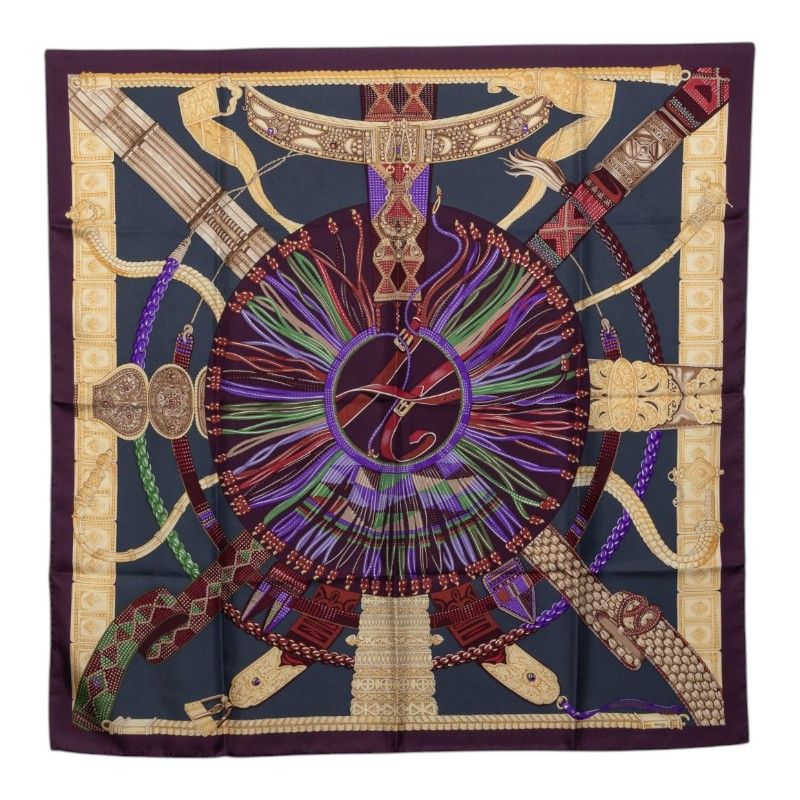Hermes Carre 90 Ceintures Et Liens Belts and Laces Scarf Purple Multicolor Silk