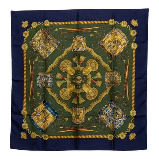 Hermes Carre 90 les Tambour Drum Scarf Large Navy Multicolor Silk
