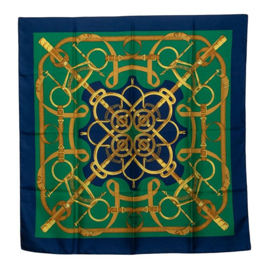 Hermes Carre 90 Eperon D'or Apron Scarf Large Green Multicolor Silk