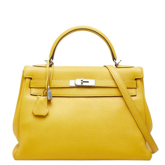 Hermes Kelly 32 2-Way Shoulder Bag Yellow Silver Taurillon Clemence