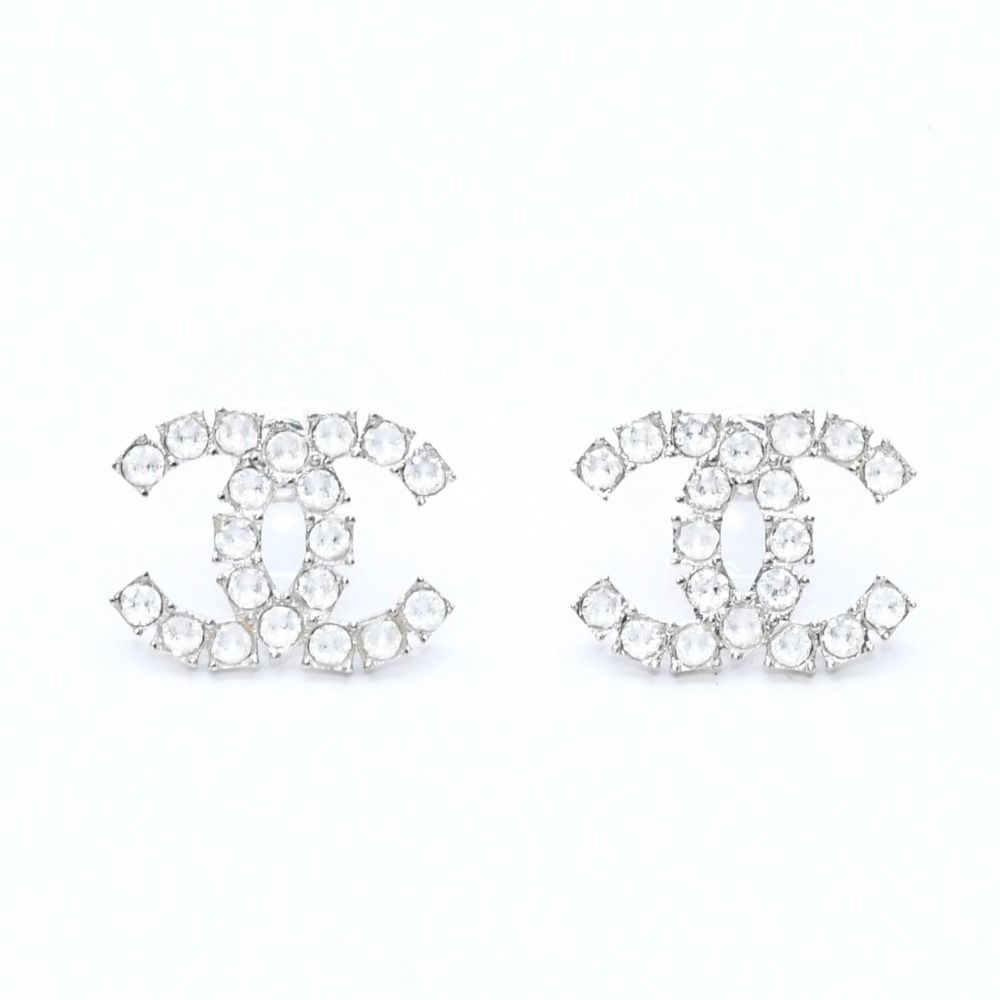 Chanel CC Logo Earrings Stamp Metal Rhinestone Silver — view 2