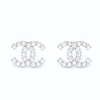 Chanel CC Logo Earrings Stamp Metal Rhinestone Silver — view 2