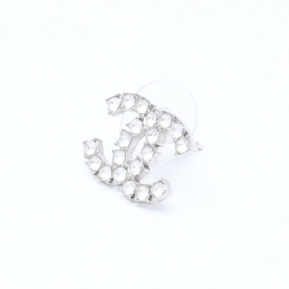 Chanel CC Logo Earrings Stamp Metal Rhinestone Silver — view 3