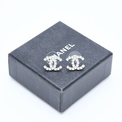 Chanel CC Logo Earrings Stamp Metal Rhinestone Silver