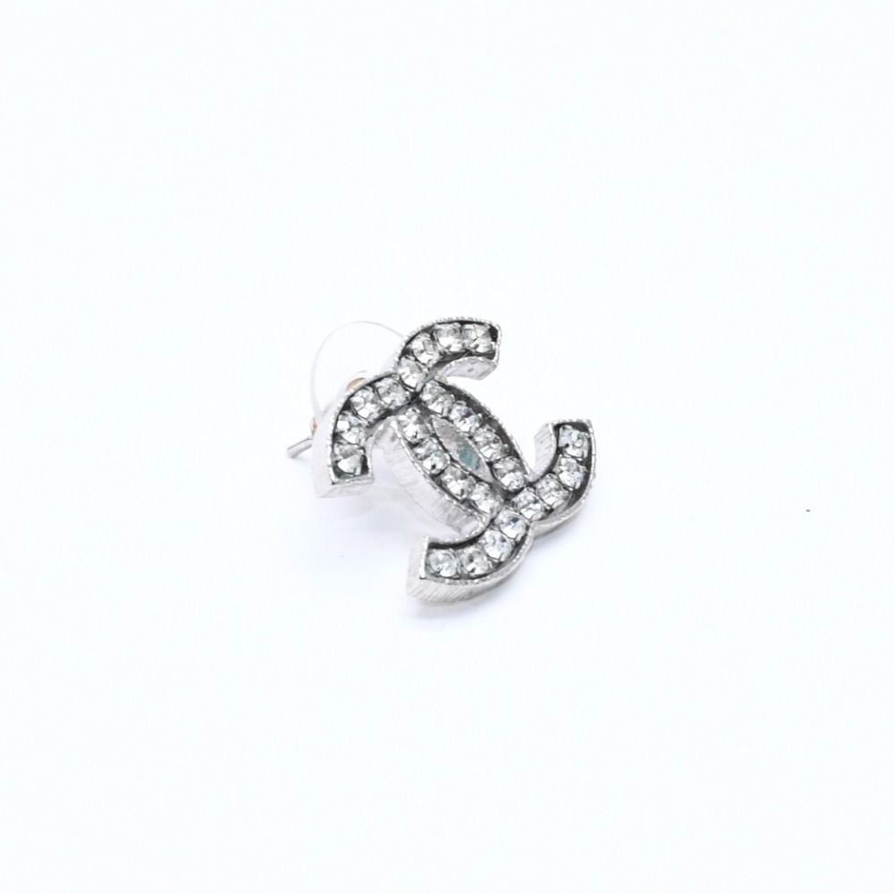 Chanel CC Logo Earrings 08A Stamp Metal Rhinestone Silver — view 3