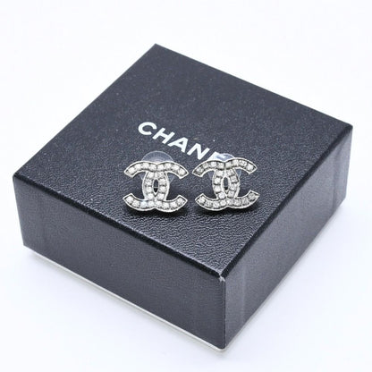 Chanel CC Logo Earrings 08A Stamp Metal Rhinestone Silver