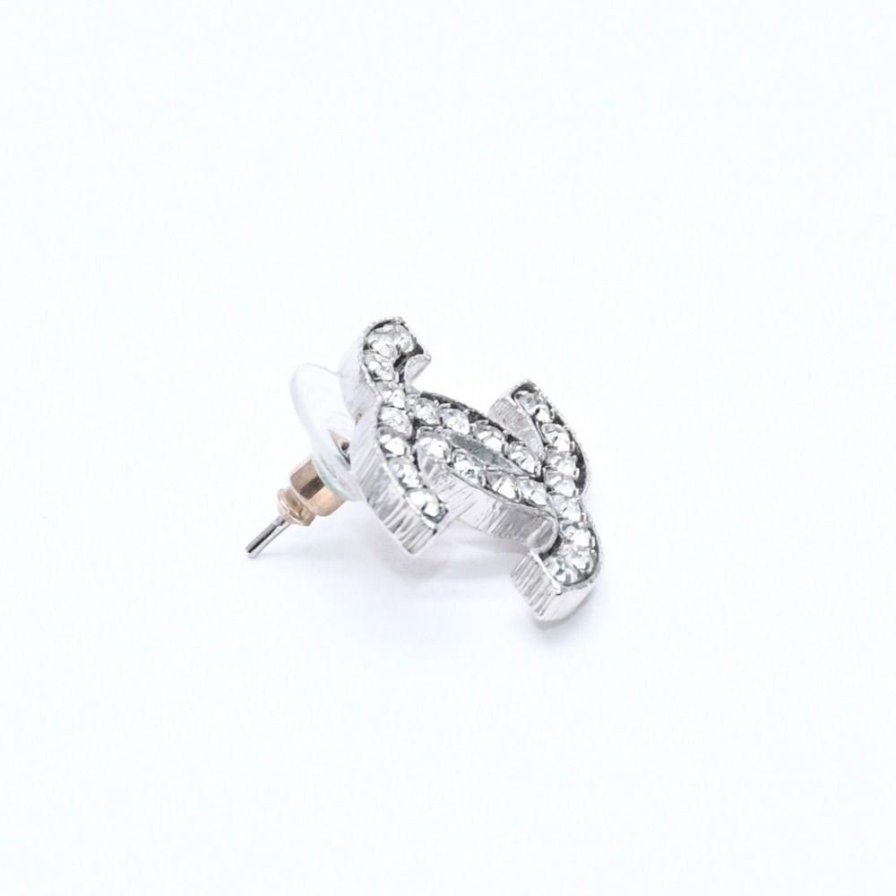 Chanel CC Logo Earrings 08A Stamp Metal Rhinestone Silver — view 5