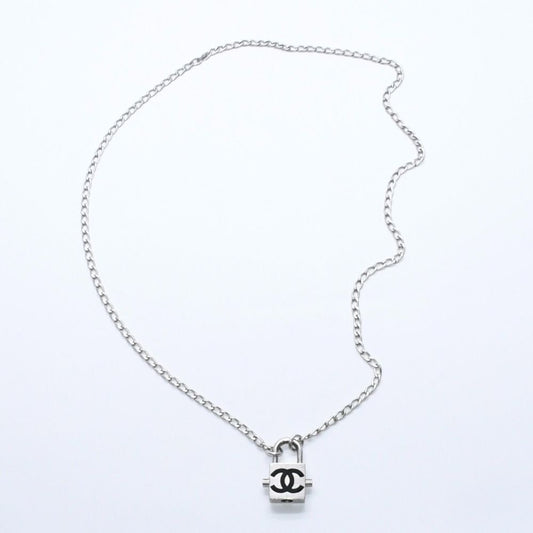 Chanel CC Logo Necklace 75 04P Stamp Silver Black Metal