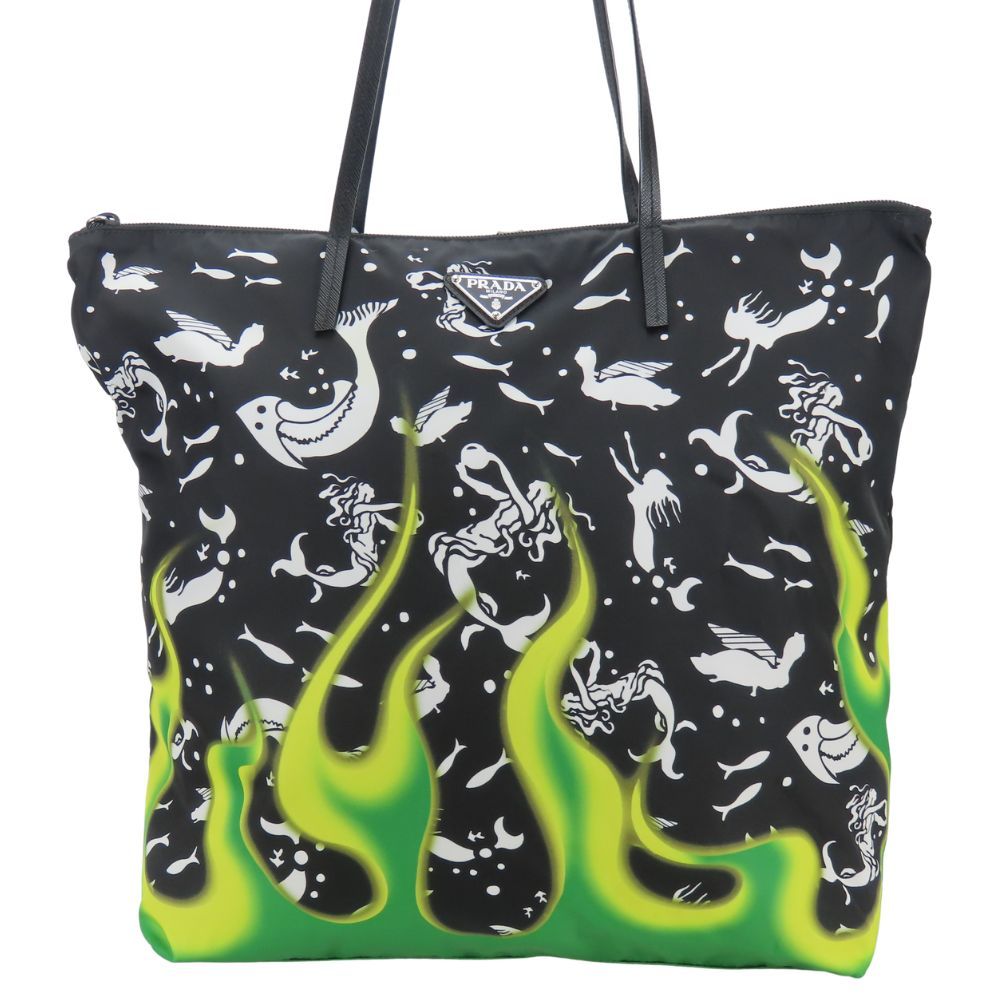 Prada Tote Bag Mermaid Nylon Leather Black Green Shoulder Fire Pattern