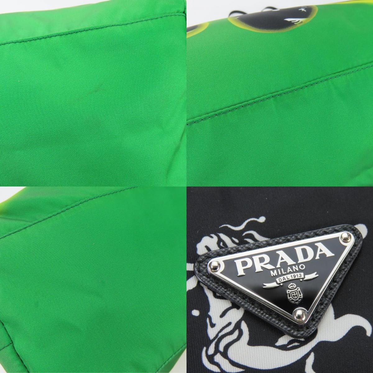 Prada Tote Bag Mermaid Nylon Leather Black Green Shoulder Fire Pattern — view 4