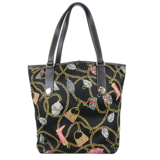 Gucci Tote Bag Satin Leather Black Multicolor
