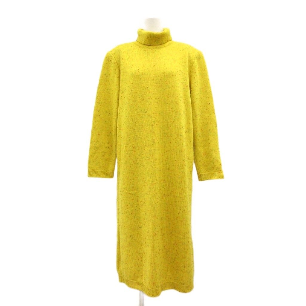 Saint Laurent Vintage Long Dress Knit Long Sleeve Nep Turtleneck Yellow MG M