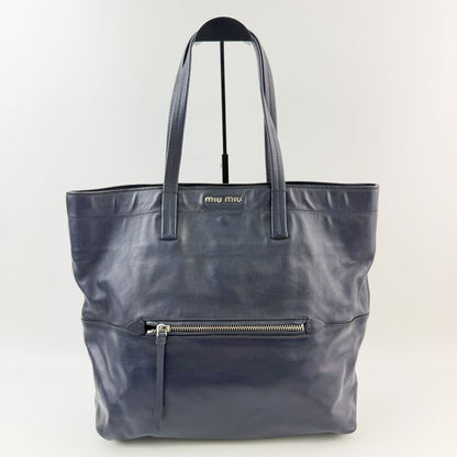 Miu Miu Logo Front Zipper Pocket Tote Shoulder Bag Leather Navy Vintage