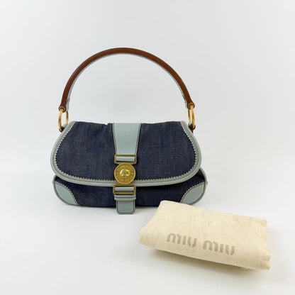 Miu Miu Denim Leather Trim Flap Handbag Indigo Light Blue Brown Gold Vintage