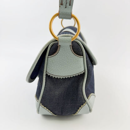 Miu Miu Denim Leather Trim Flap Handbag Indigo Light Blue Brown Gold Vintage — view 5