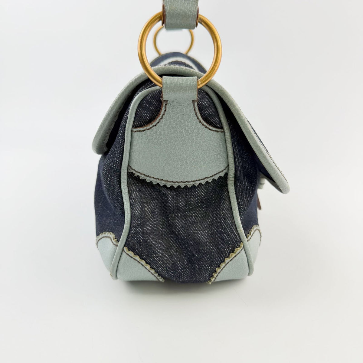 Miu Miu Denim Leather Trim Flap Handbag Indigo Light Blue Brown Gold Vintage — view 4