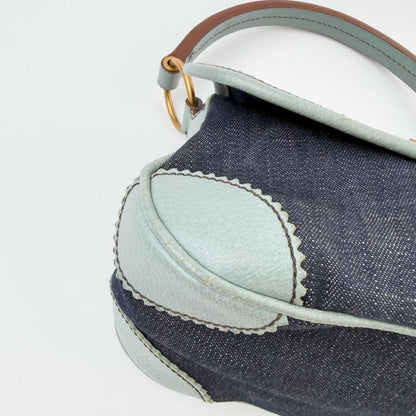 Miu Miu Denim Leather Trim Flap Handbag Indigo Light Blue Brown Gold Vintage — view 7
