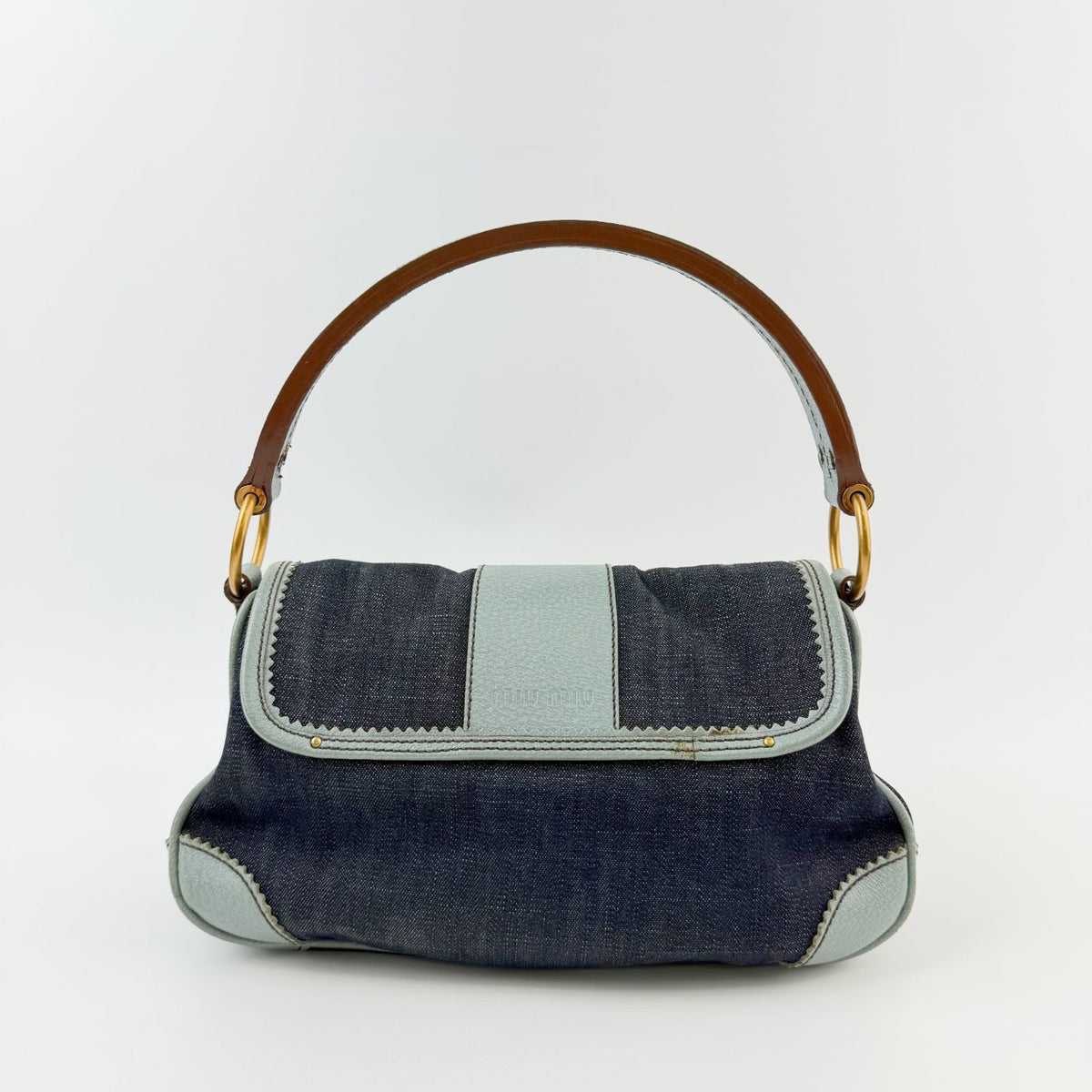 Miu Miu Denim Leather Trim Flap Handbag Indigo Light Blue Brown Gold Vintage — view 3