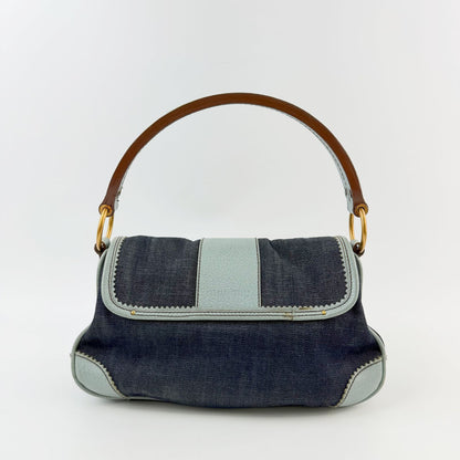 Miu Miu Denim Leather Trim Flap Handbag Indigo Light Blue Brown Gold Vintage — view 3