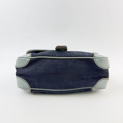 Miu Miu Denim Leather Trim Flap Handbag Indigo Light Blue Brown Gold Vintage — view 6
