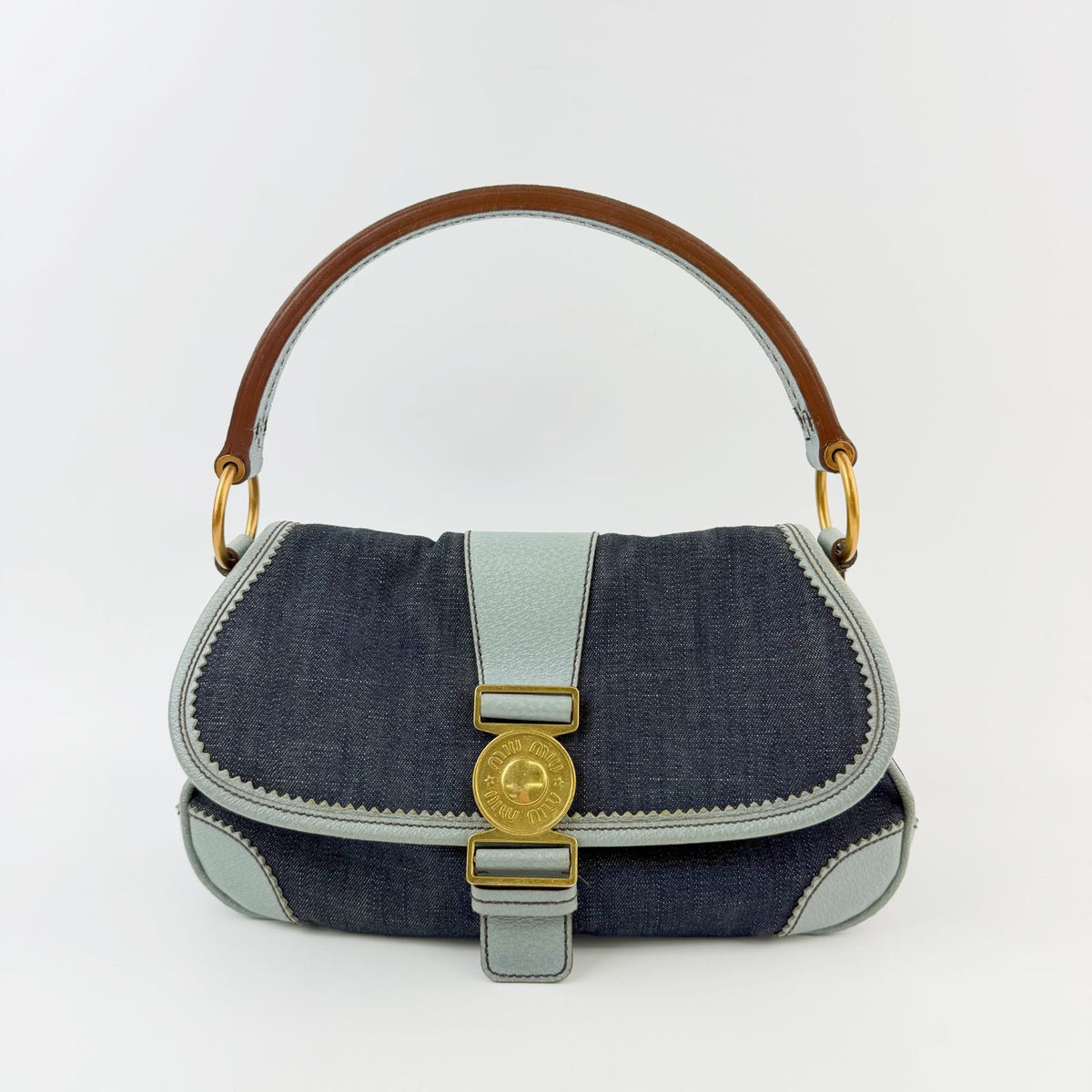 Miu Miu Denim Leather Trim Flap Handbag Indigo Light Blue Brown Gold Vintage — view 2