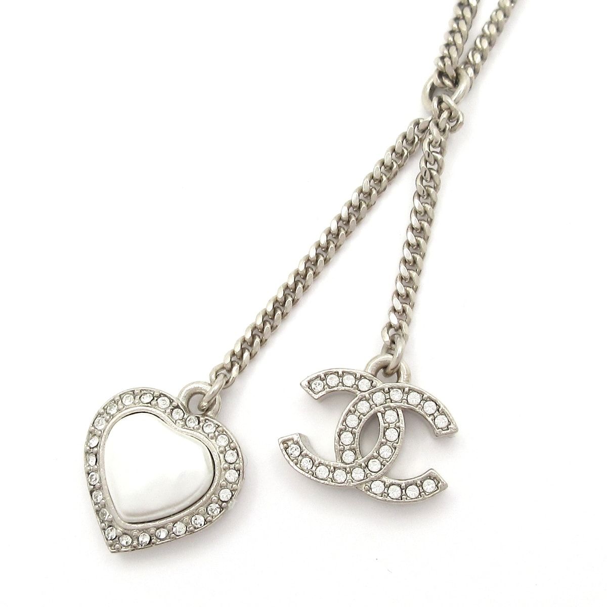 Chanel Necklace CC Logo Silver Clear White Rhinestone Pearl Heart