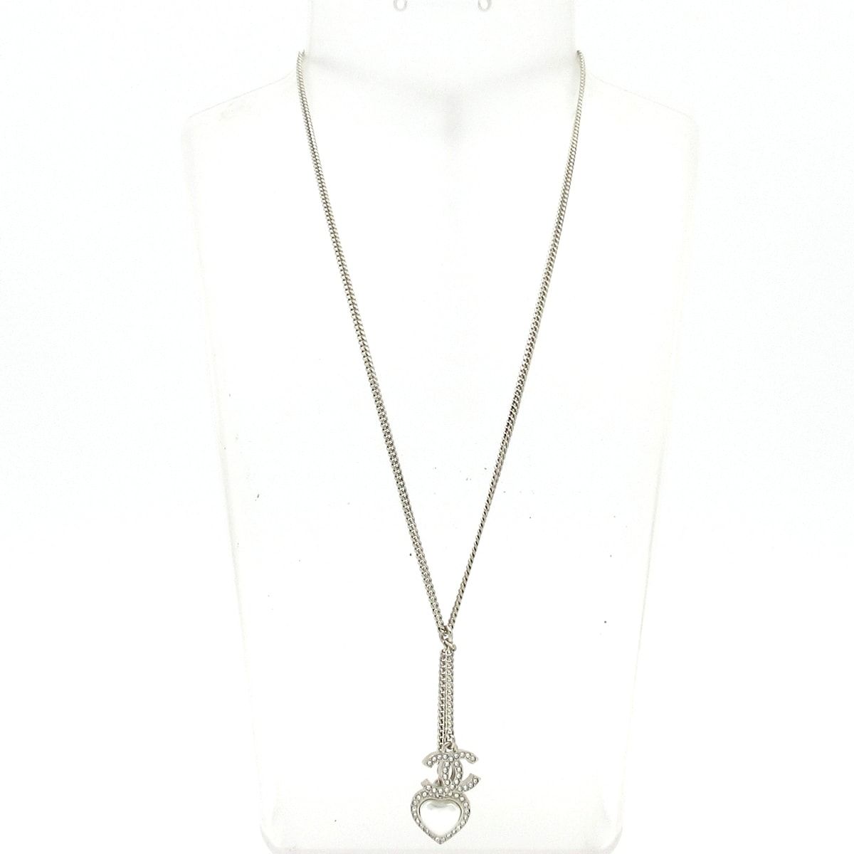 Chanel Necklace CC Logo Silver Clear White Rhinestone Pearl Heart — view 2