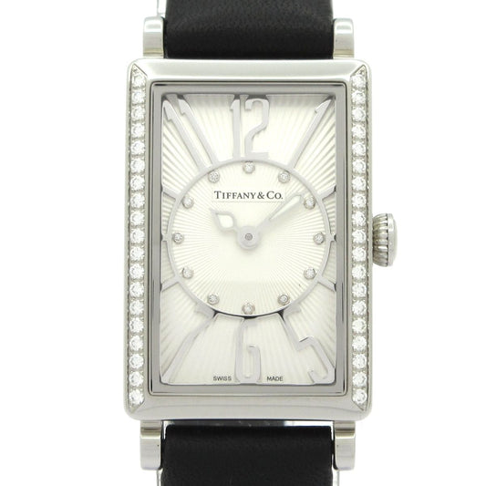 Tiffany & Co Watch Gallery Leather Strap SS Diamond Bezel Dial Silver