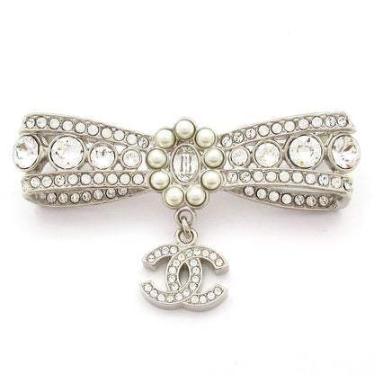 Chanel Brooch CC Logo Silver Clear White Rhinestone Pearl