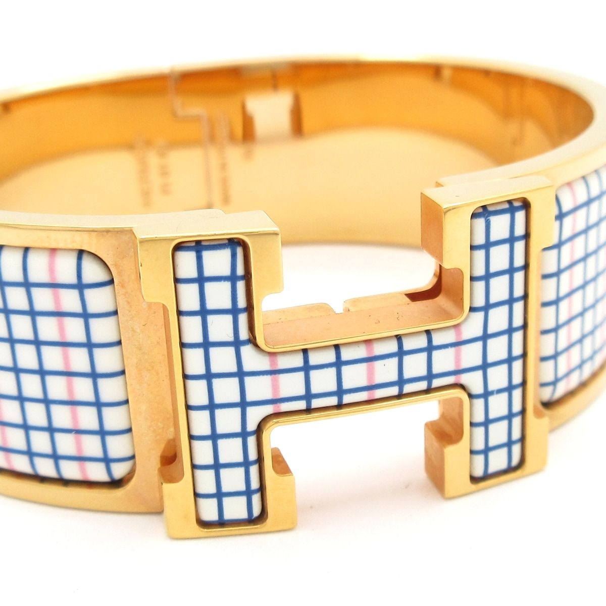 Hermes Bangle Clic Clac H Pink Gold White Multi Plaid Pattern Bracelet — view 5