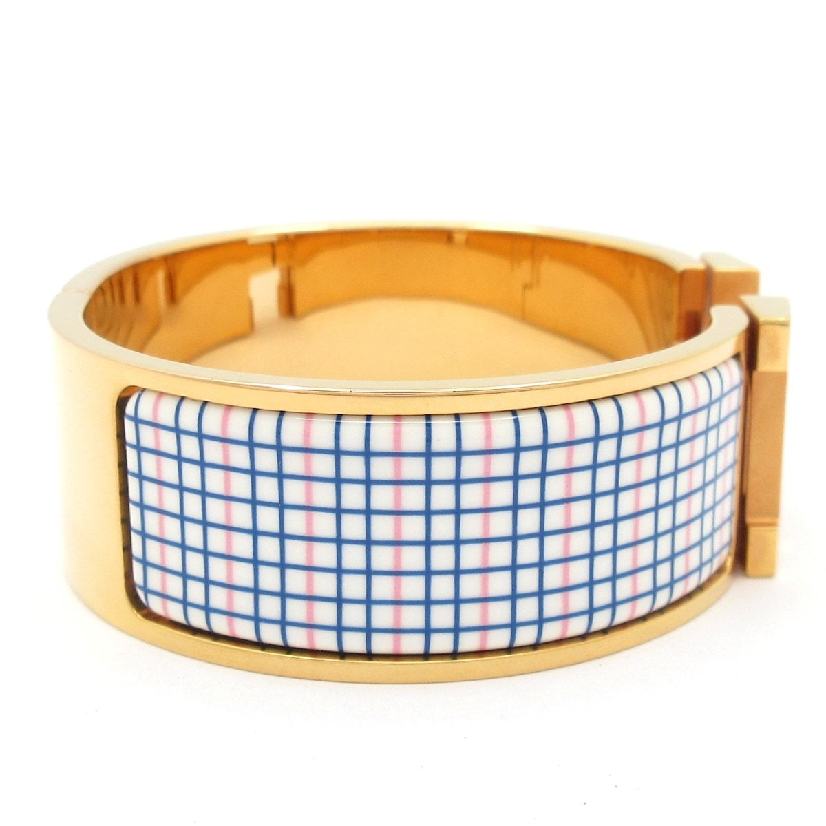 Hermes Bangle Clic Clac H Pink Gold White Multi Plaid Pattern Bracelet — view 2
