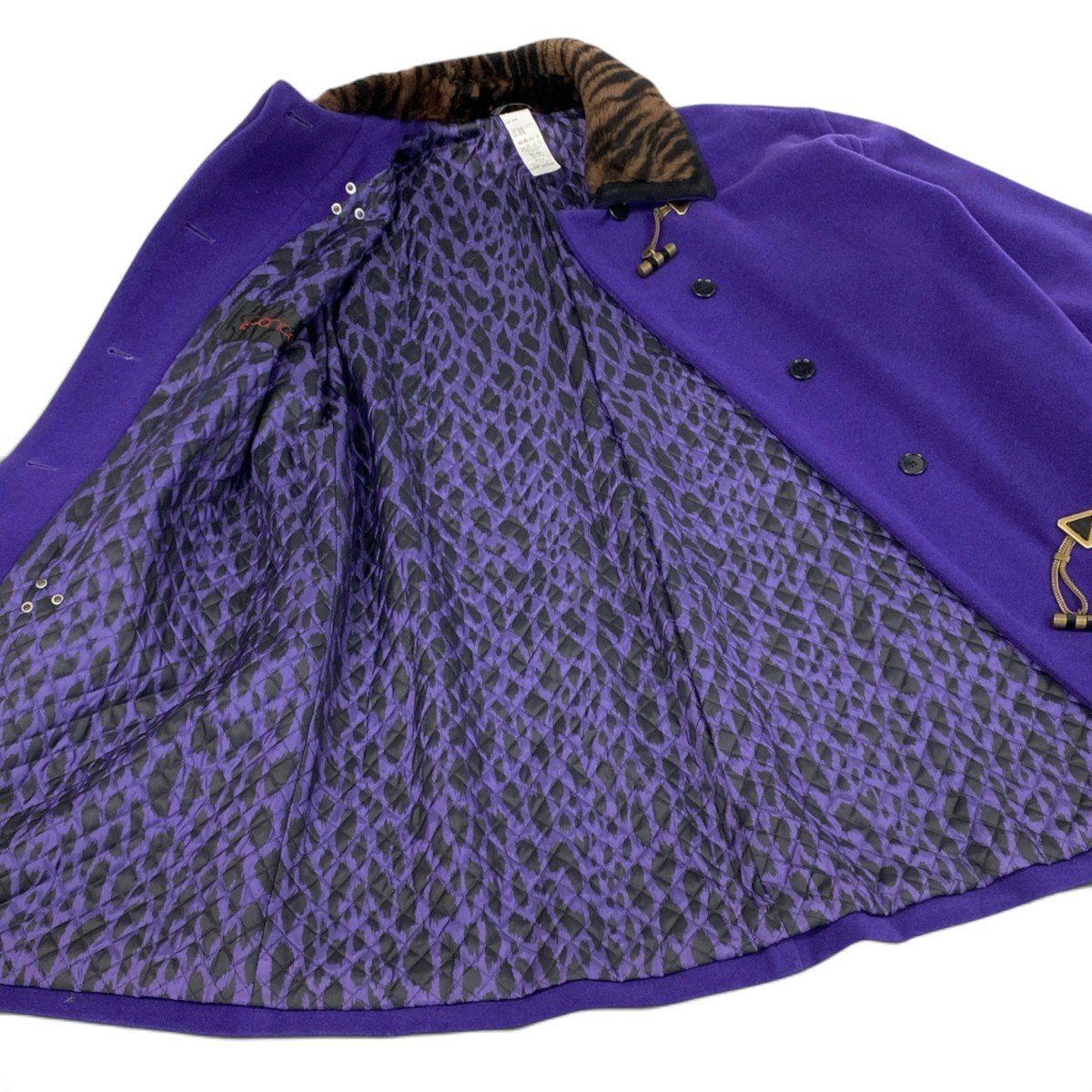 Versace Istate Long Wool Coat Fur Collar Tiger Pattern Purple — view 4