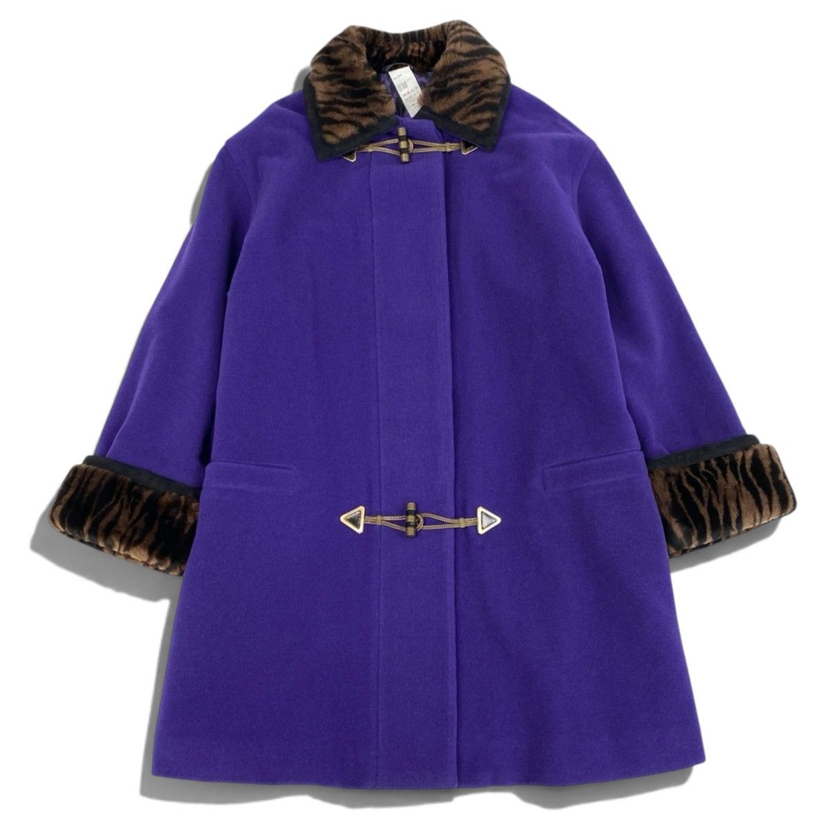 Versace Istate Long Wool Coat Fur Collar Tiger Pattern Purple — view 2