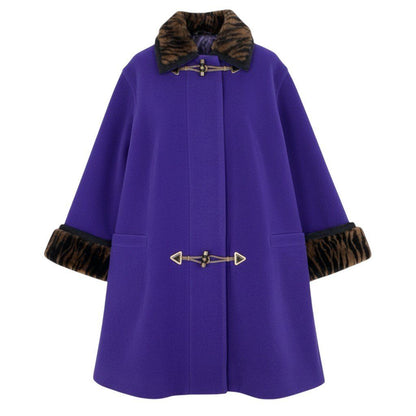Versace Istate Long Wool Coat Fur Collar Tiger Pattern Purple