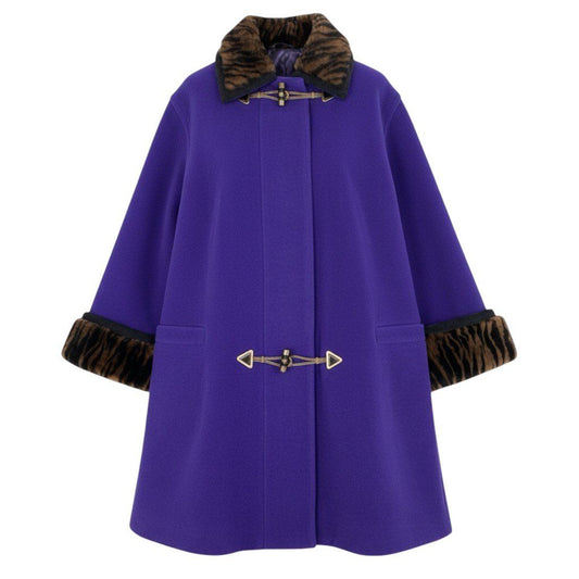 Versace Istate Long Wool Coat Fur Collar Tiger Pattern Purple