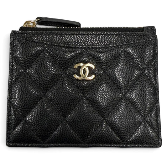 Chanel CC Logo Caviar Leather Card Case Coin Purse Black Gold