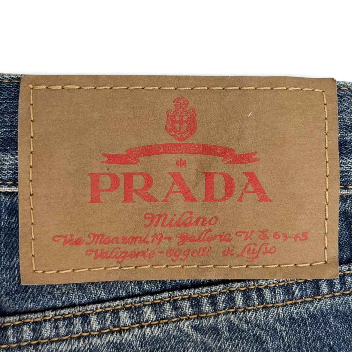 Prada Cotton 100% Leather Logo Patch Selvedge Pants Indigo 25 — view 6