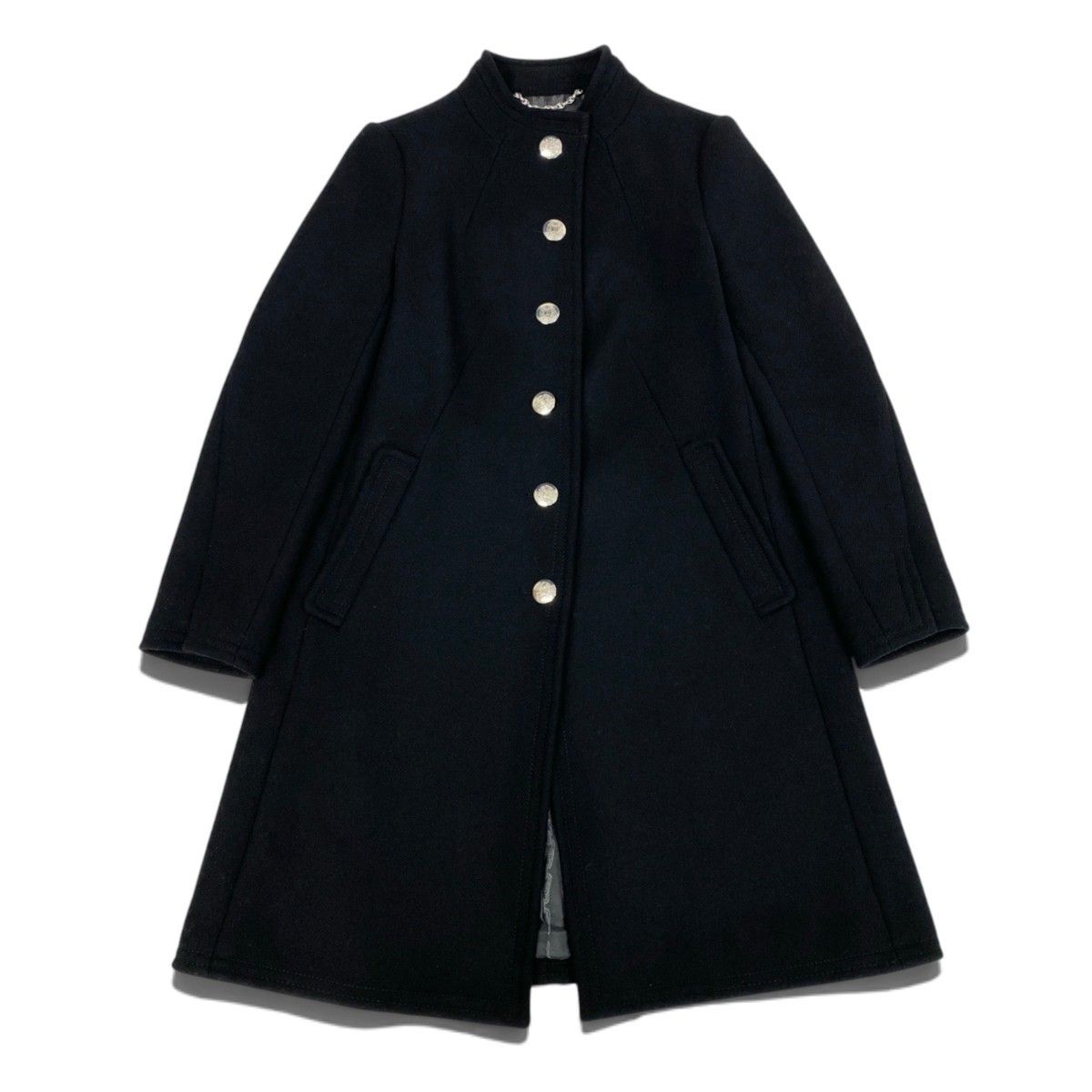 Celine Wool Long Coat Stand Collar Emblem Button Black 38 — view 2