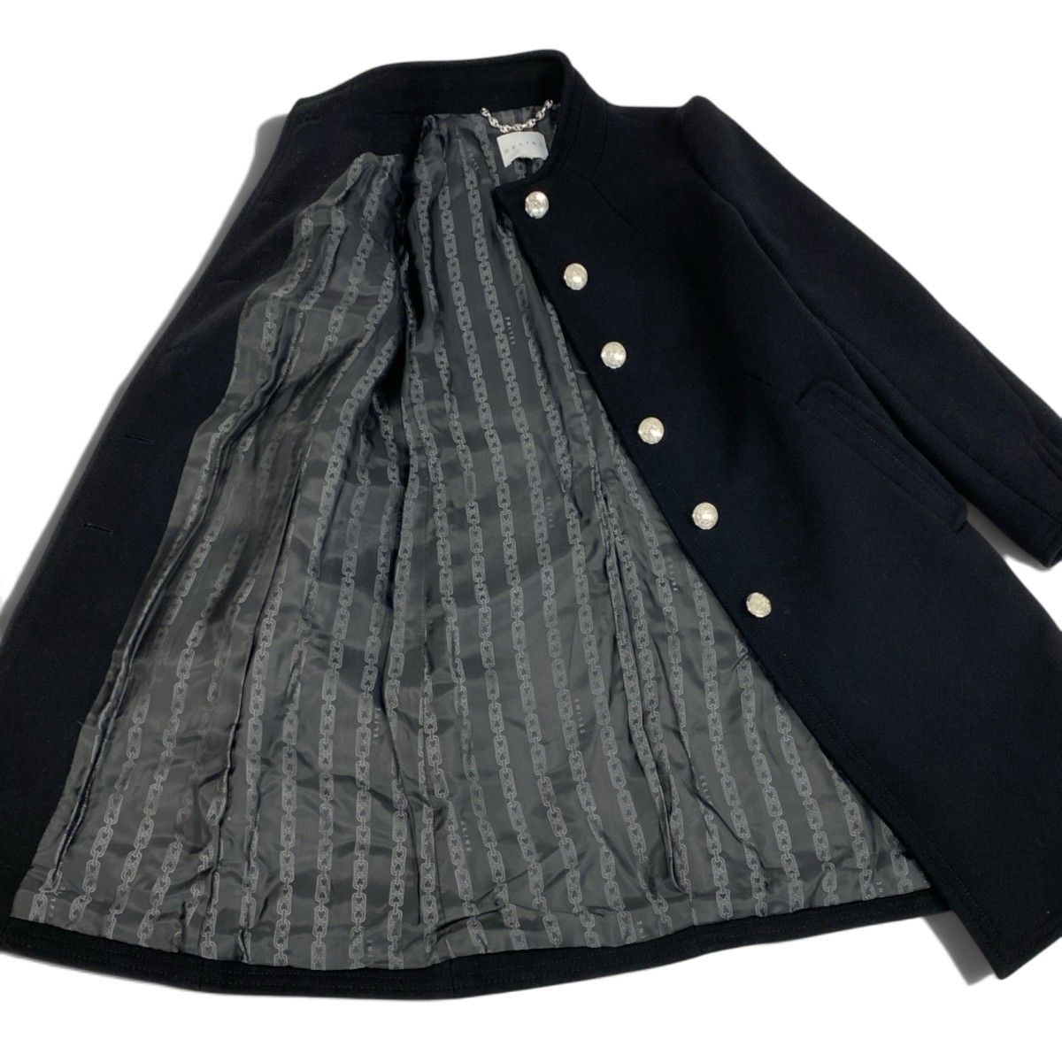 Celine Wool Long Coat Stand Collar Emblem Button Black 38 — view 4