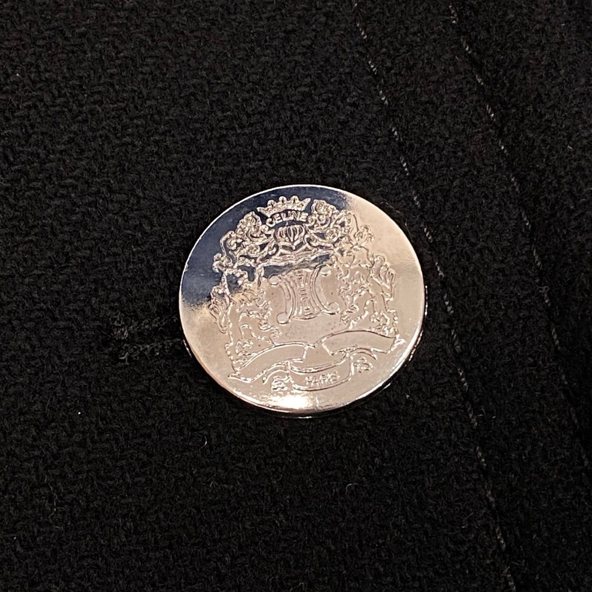 Celine Wool Long Coat Stand Collar Emblem Button Black 38 — view 8