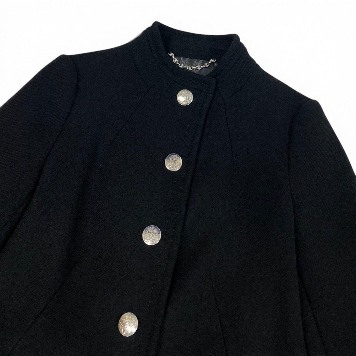 Celine Wool Long Coat Stand Collar Emblem Button Black 38 — view 5